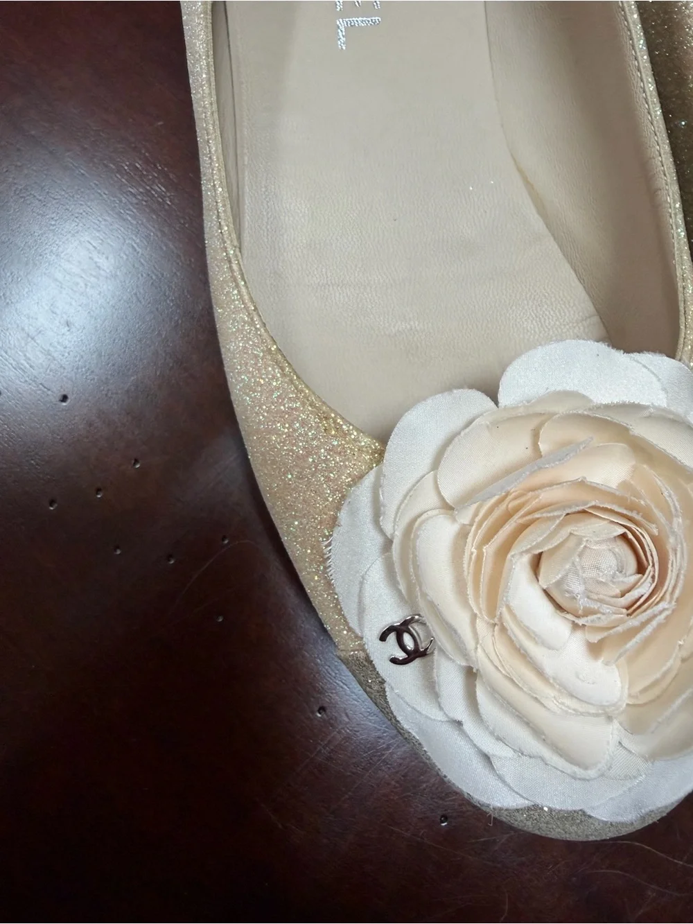 CHANEL Beige Floral Camellia Ballet Flats